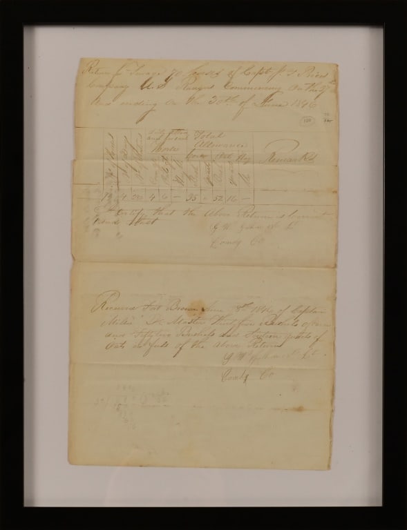 Early Texas Ranger G.W. Guthrie Signed Document: Texas Ranger George W. Guthrie, Company Commander, signs for forage for 70 horses in the Mexican War. 1 page. 30 June 1846; 28 June 1846. Two strong signatures: G.W. Guthrie 1st Lt./Comdg Co. Guthrie 