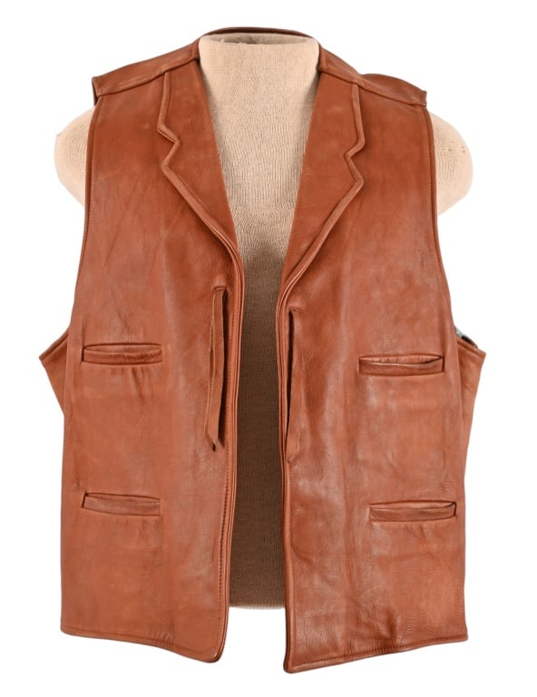 John Wayne's TV Screen Worn Leather Vest: Screen worn by John Wayne on set of Raquel Welch's 1970 TV series "Raquel!". Original Western Costume Co. Tag sewn inside, marked "John Wayne No. 1" Chest size 46