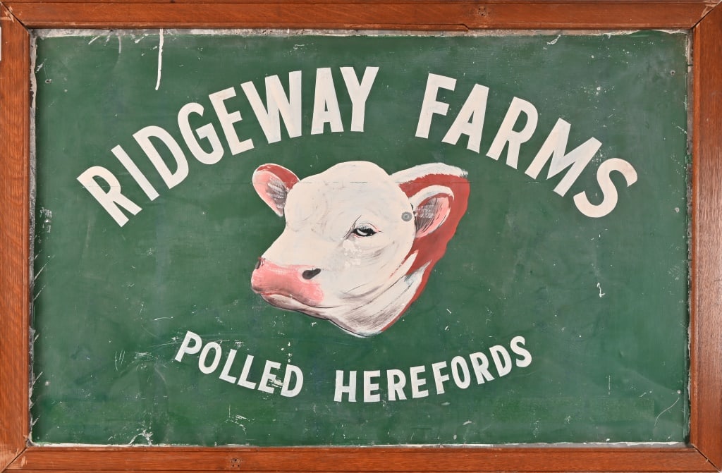 Ridgeway Farms Polled Herefords Painted Tin Sign: Framed tin sign advertising Ridgeway Farms Polled Herefords. Oak frame measures 34" x 49"