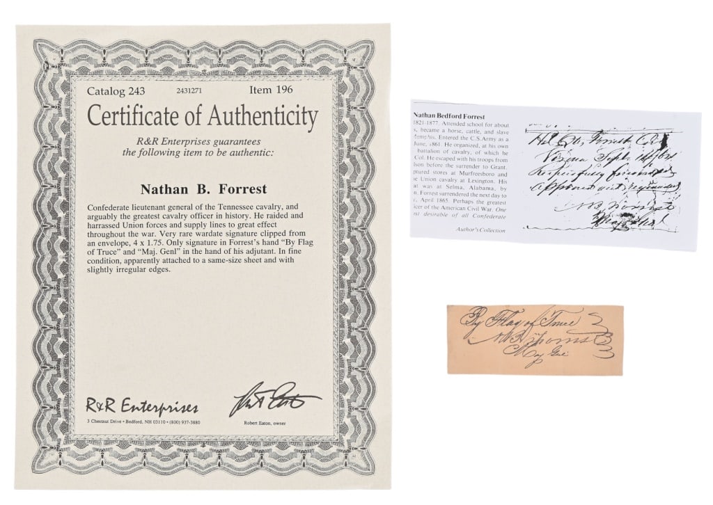 Rare Nathan Bedford Forrest Signature Cut: Rare wardate signature clipped from an envelope. Only signature in Forrest's hand "By Flag of Truce" and "Maj. Genl" in the hand of his adjutant. Certificate of Authenticity included,