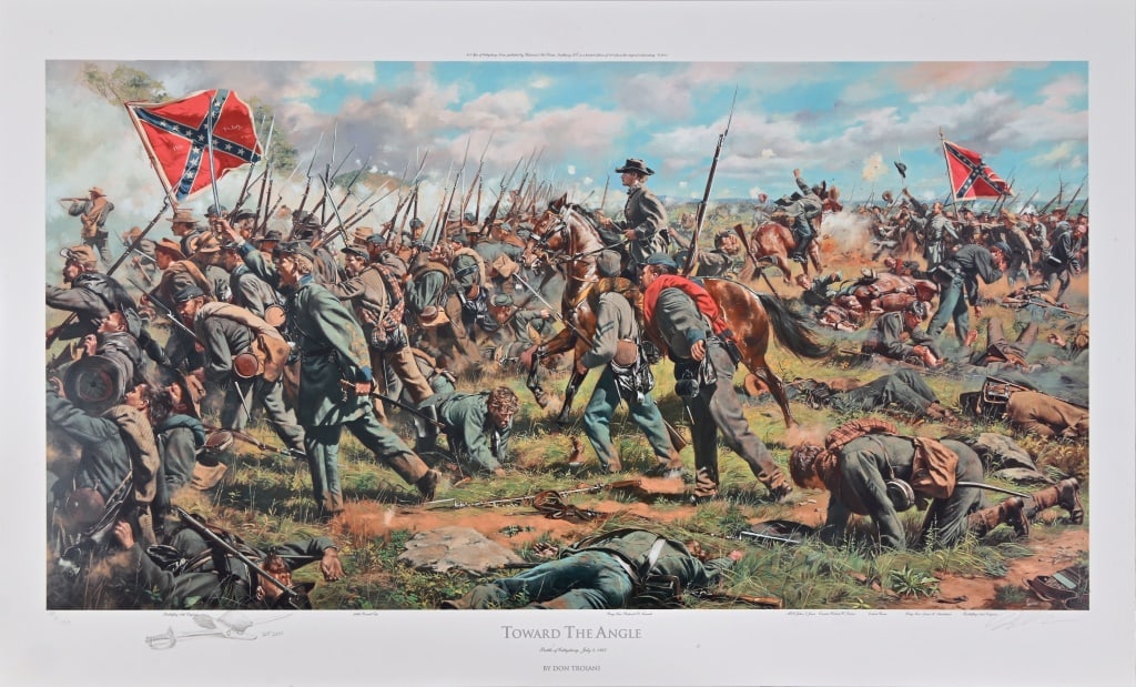 Don Troiani Civil War Print "Toward The Angle": Artist Proof numbered 6/100. Battle of Gettysburg, July 3, 1863. Signed with personalized sketch at bottom and dated 2001. Comes with Certificate of Authenticity. Print measures 22 1/2" x 37".