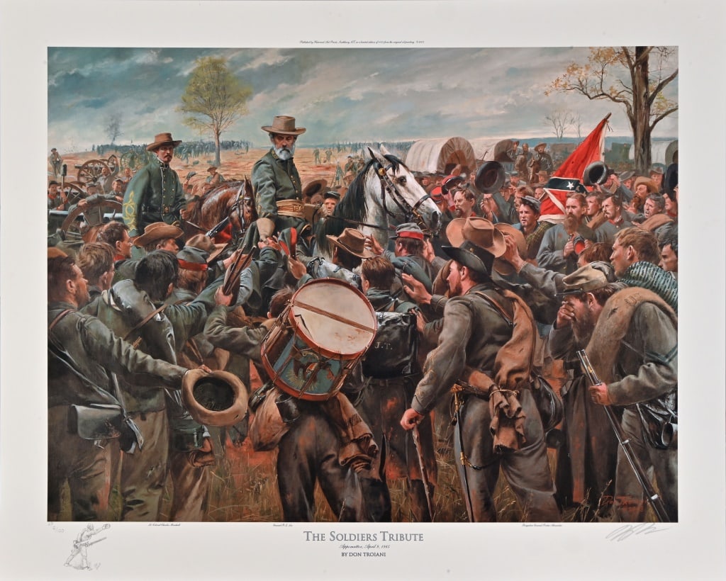 Don Troiani Civil War Print "The Soldiers Tribute": Artist Proof numbered 6/100. Appomattox, April 9, 1865. Signed with personalized sketch at bottom and dated 2003. Comes with Certificate of Authenticity. Print measures 24 1/2" x 30 3/4".