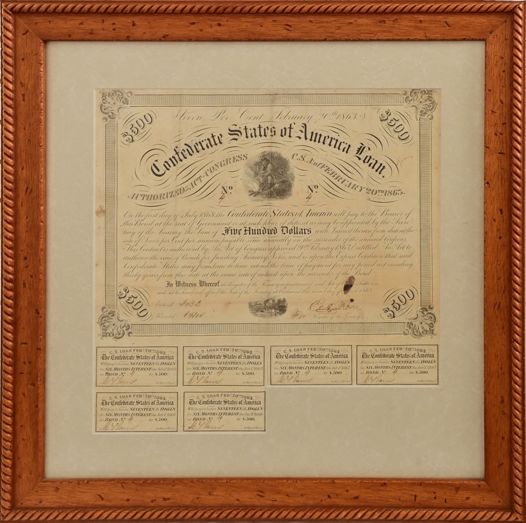 Confederate States $500 Bond Certificate: Dated March 2nd, 1863. Frame measures 19.75" x 19.75"