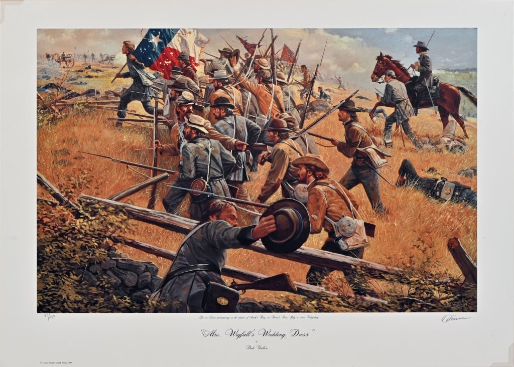 Dale Gallon Signed Texas Civil War Print: "Mrs. Wigfall's Wedding Dress". Numbered 87/950. The 1st Texas participating in the capture of Smith's Btry. in Devil's Den, July 2, 1863, Gettysburg. Comes with Certificate of Authenticity. Print mea