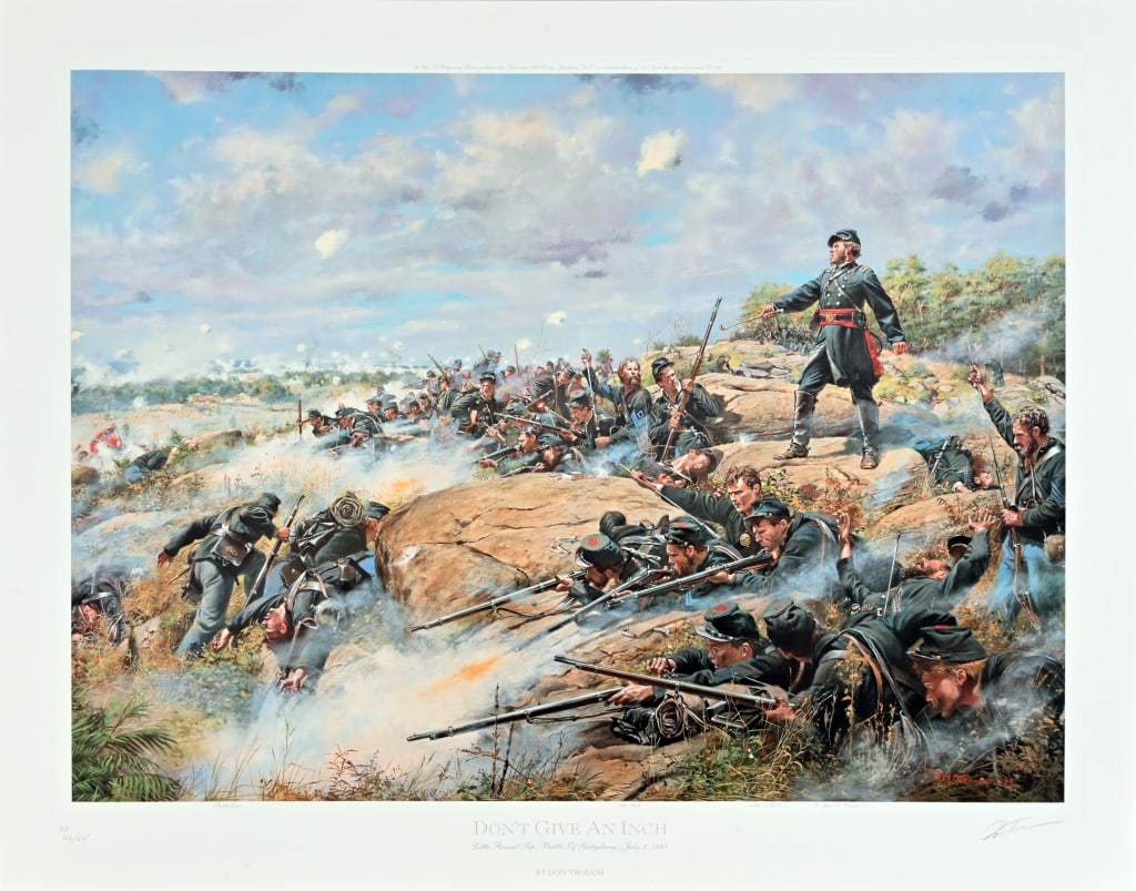 Don Troiani Civil War Print "Don't Give An Inch": Printer's Proof numbered 46/65. Little Round Top, Battle Of Gettysburg, July 2, 1863. Signed and dated 1993. Comes with Certificate of Authenticity. Print measures 24 1/2" x 30 3/4".