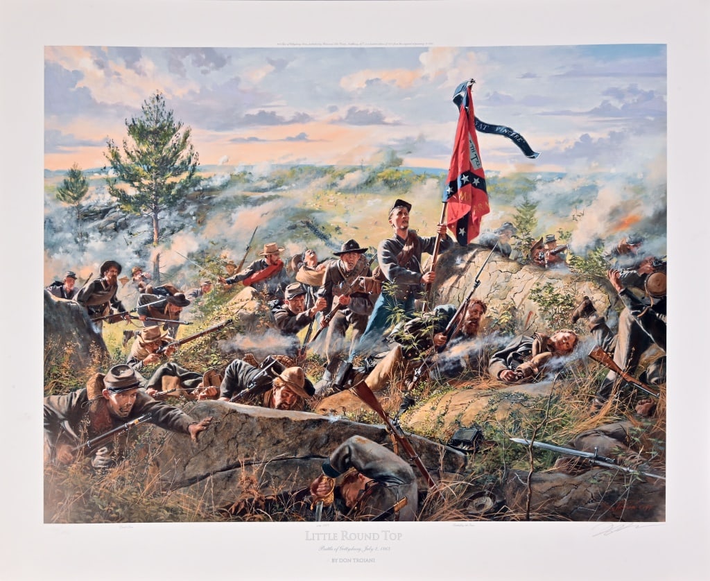 Don Troiani Civil War Print "Little Round Top": Numbered 1135/1500. Battle of Gettysburg, July 2, 1863. Signed and dated 1997. Print measures 24 1/2" x 30 3/4".
