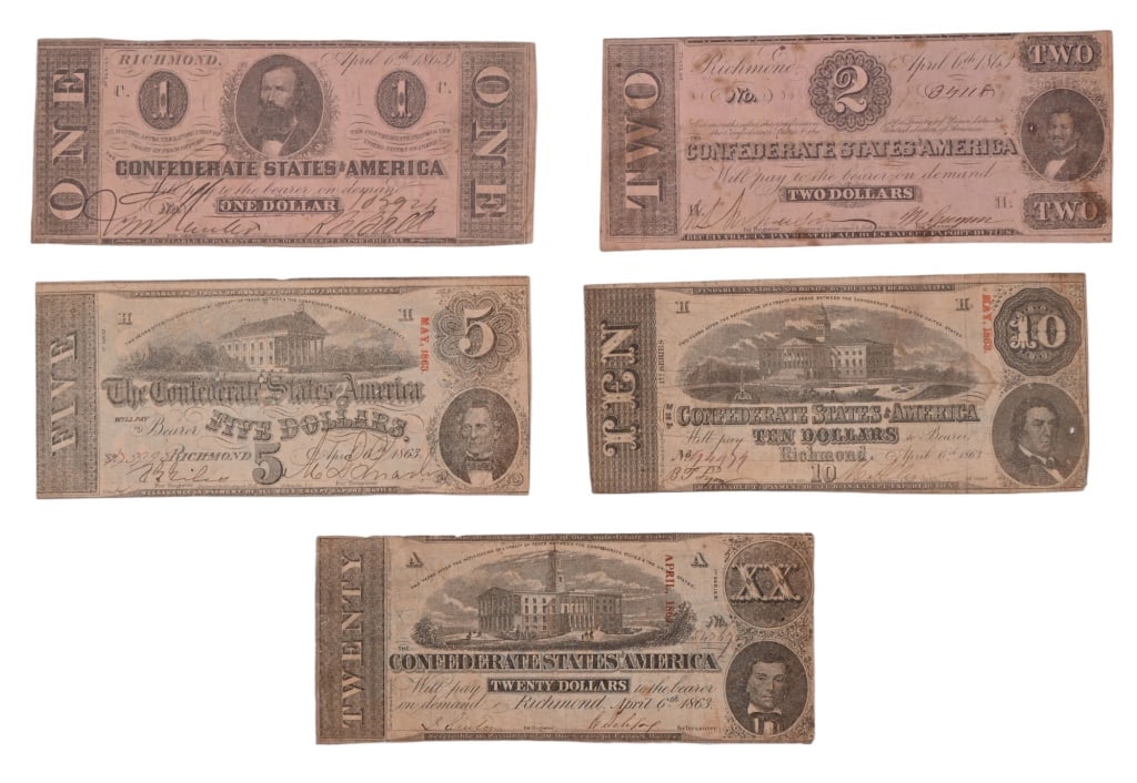 1863 Confederate States of America Currency Notes: Confederate States of America Civil War 1863 currency notes in denominations of $20, $10, $5, $2 and $1.