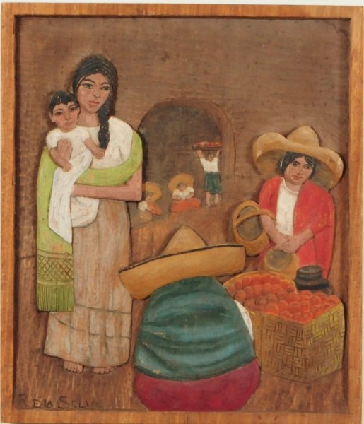 Roberto de la Selva Relief Carving: Village market scene, signed lower LH corner. 12" W x 14" H.