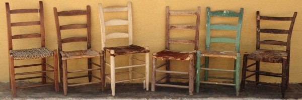 6 Texas Hide Bottom Chairs: In photo, left to right: Second, third and fifth chairs are Morrow.