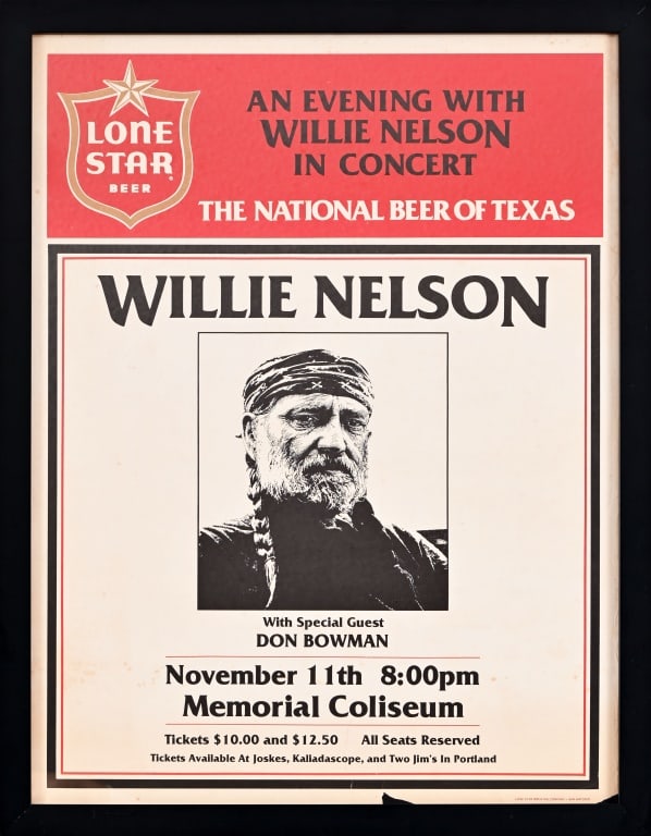 Lone Star Beer Willie Nelson Poster 1980s: Memorial Coliseum, Corpus Christi, Texas. Venue was demolished in 2010. Frame measures 19.25" x 24/75"