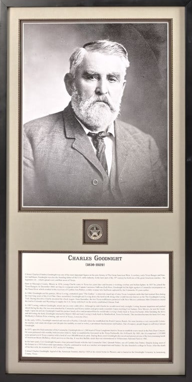 Charles Goodnight Framed Portrait & Badge: Early 20th Century Portrait of Col. Charles Goodnight, circa 1902. Includes hand-made personalized Texas Rangers Sergeant badge made from a Mexican Cinco peso coin .99 silver. Measures 20" x 39.25". C