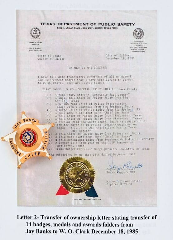 Jay Banks Special Chief Of Police Badge: Special Gold and White Enamel Badge. Palestine, Texas. Presented 8-10-74 "TO JAY THE TALLEST MAN IN TEXAS JACK ROGERS". Comes with Texas Ranger Jay Banks Collection booklet. Badge measures 2.25" x 2.2