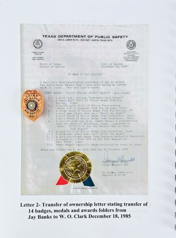 Jay Banks Big Springs Gold Chief Of Police Badge: Big Springs, Texas. Measures 1" x 1.5". Missing pin. Comes with Texas Ranger Jay Banks Collection Booklet.