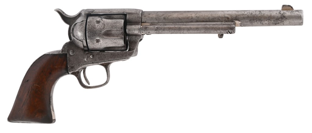 Colt Model 1873 SAA .45 New York NY Shipped 1876: S/N 33029. 1st. Gen. 7.5" barrel, working condition. Matching numbers. Inspectors mark J.T.C. with larger C stamped over on frame. Front sight has been re-worked or replaced. One pc. wood grips. Facto