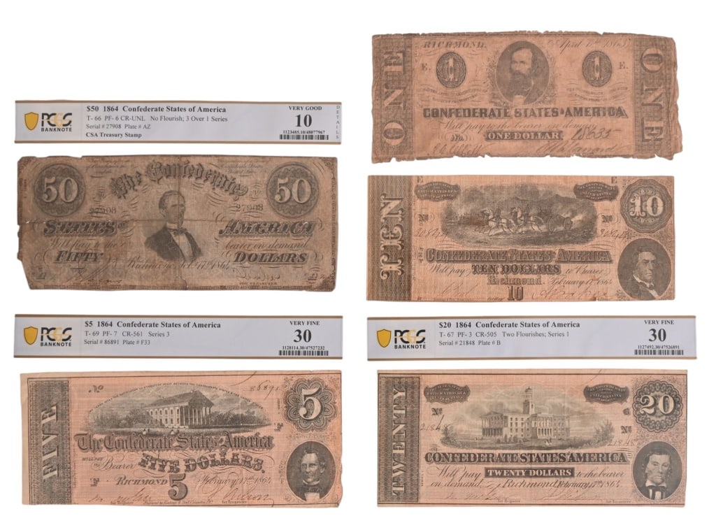 Collection of Five Confederate Notes: $1, $5, $10, $20, $50
