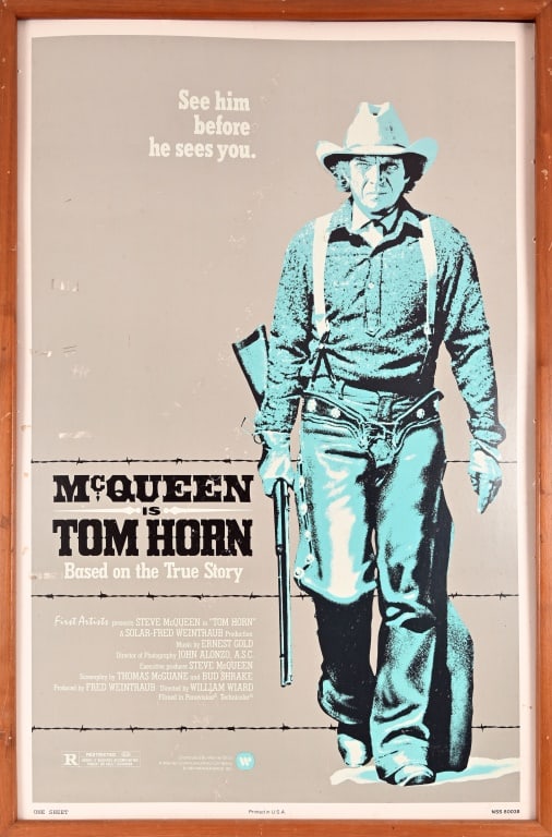 Tom Horn Framed Movie Poster: Bud Shrake was picked by Steve McQueen to write the screenplay for Tom Horn. Original movie poster. Frame measures 28" x 42" From the personal collection of Bud Shrake