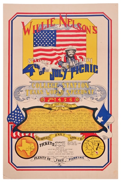 1974 Willie Nelson 4th of July Picnic Poster: By Armadillo World Headquarter artist Danny Garrett. Measures 11.5" x 17.5"