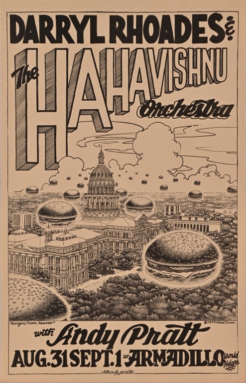 AWHQ Hahavishnu Orchestra Poster by Rick Turner: With Andy Pratt - 1977 Rick Turner. Letters by M. Priest. Austin, TX. Measures 10 7/8" x 17".