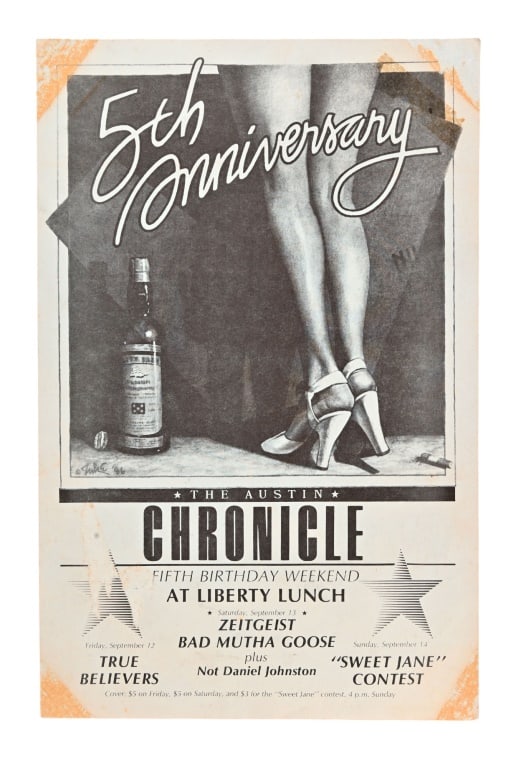 Austin Chronicle 5th Anniversary Guy Juke Poster: Fifth Birthday Weekend at Liberty Lunch. Poster measures 11 x 17
