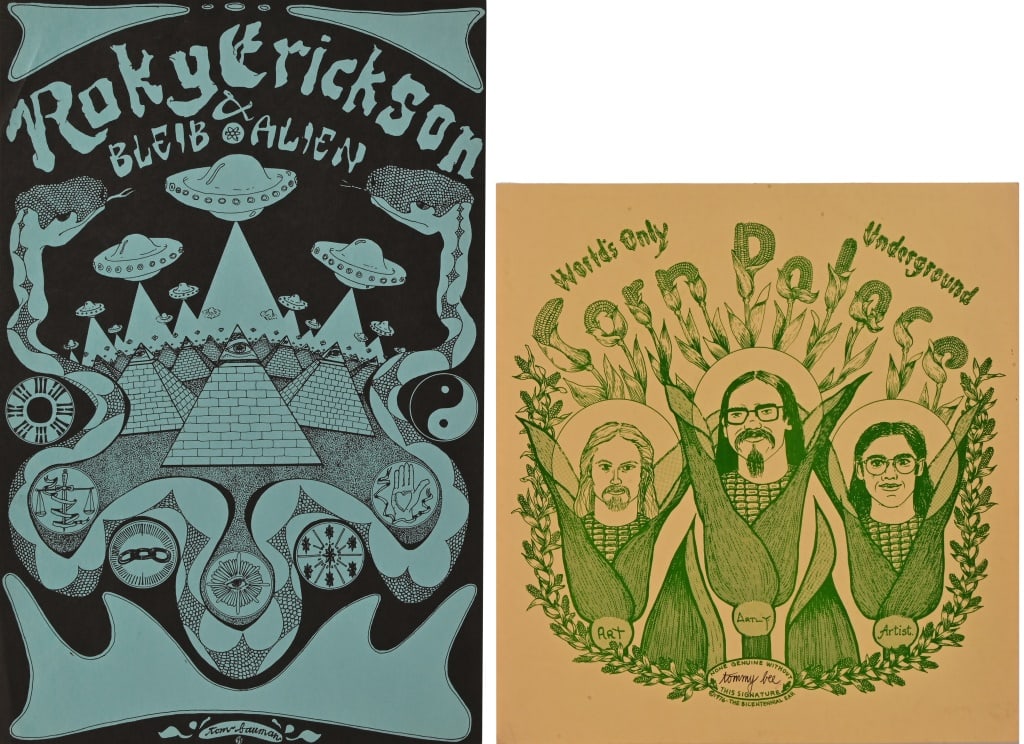 (2) Tom Bauman, 1970 Austin Texas Concert Posters: (1) World's Only Underground Corn Palace, Signed tommy bee- 1976. Measures 11" x 11 7/8". (1) Roky Erickson - 1975. Measures 10 1/4" x 15 7/8".