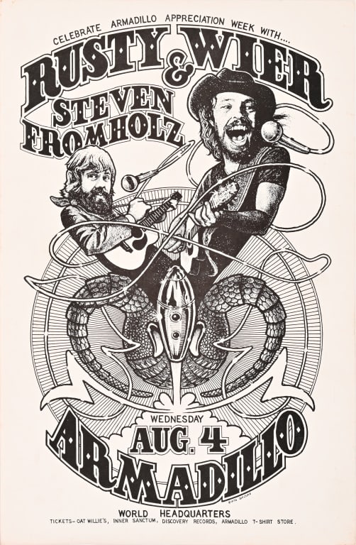 AWHQ Rusty Weir/Steve Fromholz Poster by Guy Juke: Poster art by Guy Juke 1976. Measures 11.5 x 17.5