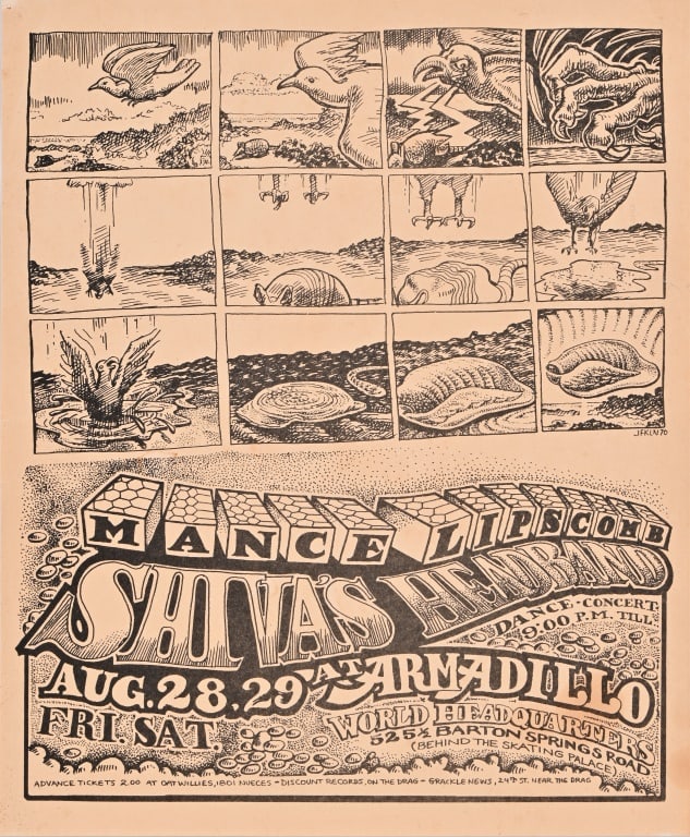 Armadillo World HQ Handbill by Jim Franklin '70: Shiva's Headband. Artwork by Jim Franklin 1970. Measures 8.25 x 9.75