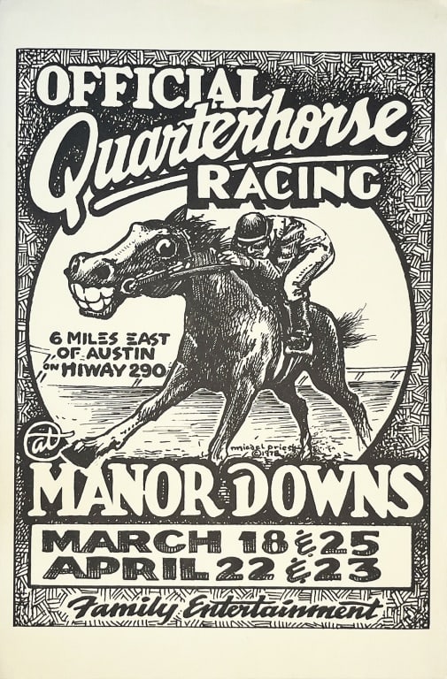 Manor Downs Horse Racing Poster, Micael Priest '77: Original poster from the personal collection of the artist Rick Turner.