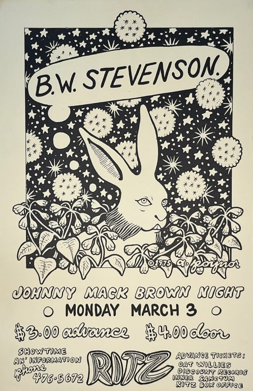B.W. Stevenson Concert Poster Austin Texas 75: Ritz Theater Poster artwork by A. Poynor 1975 Original poster from the personal collection of the artist Rick Turner.