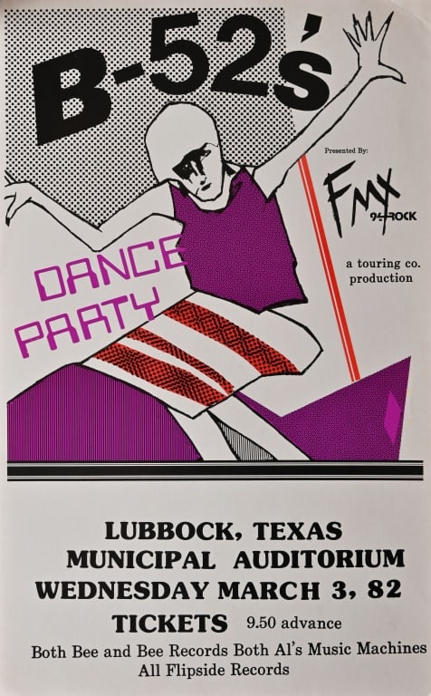 Lubbock, Texas Municipal Auditorium B-52's Poster: 10.5" x 17". Original poster from the personal collection of Armadillo Willy Rader.