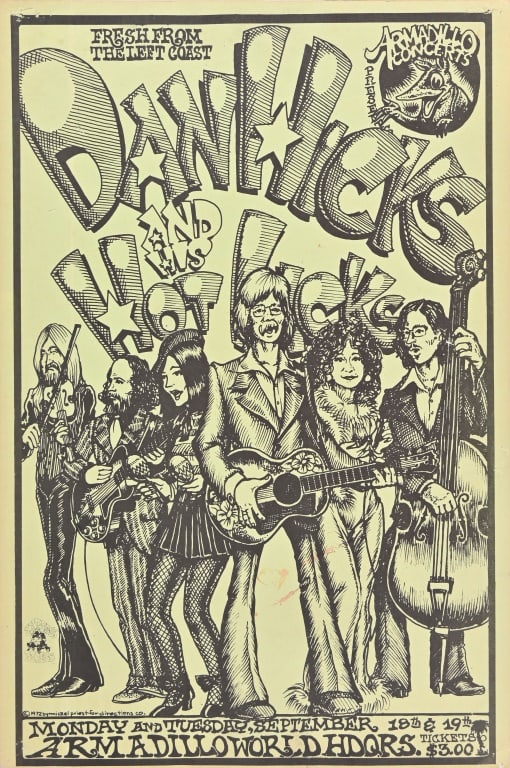 Armadillo World HQ Poster by Micael Priest '72: Featuring Dan Hicks. Poster art by Micael Priest, 1972. Measures 11" x 16.75"