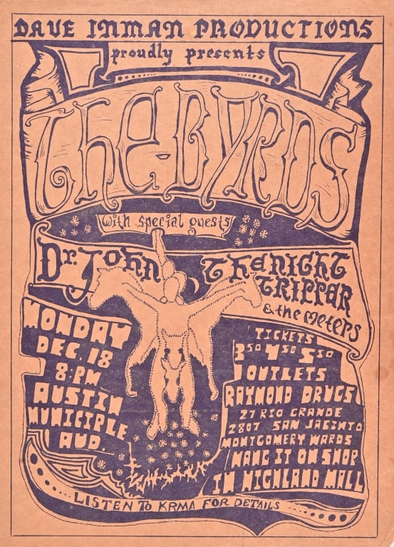The Byrds/Dr. John, Austin Texas Handbill-Rare (1 of 2)