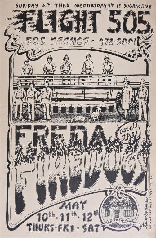 Flight 505,Freda & The Firedogs Poster, Tom Bauman: Flight 505, Austin Texas. Poster art by Tom Bauman, For Austintatious Artist Ink. '73. Measures 10.75 x 16.75