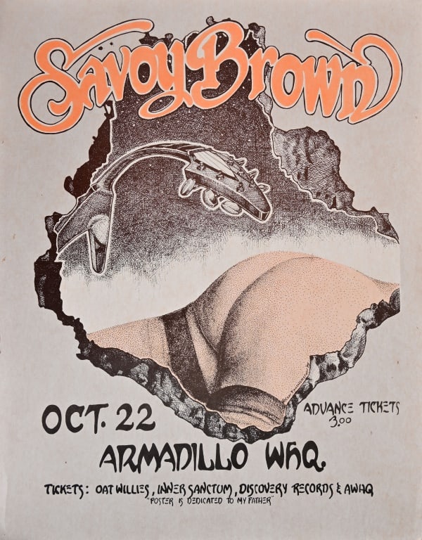 Armadillo World HQ Poster by Ken Featherston 1975: Savoy Brown, October 22. Poster artwork by Ken Featherston, weeks after this concert Ken is mistakenly shot by a disgruntled patron outside the Armadillo World Headquarters. 11.5 x 14.75