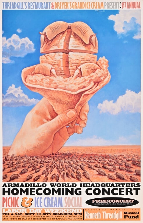Armadillo World HQ Homecoming-Jim Franklin: Presented by Threadgill's Restaurant and Dreyer's Grand Ice Cream. Auditorium Shores Poster artwork by Jim Franklin, 1994. Benefits proceed the Kenneth Threadgill Musical Fund. 12.5x19.5