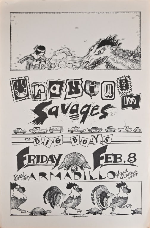 Armadillo World HQ Poster by Kerry Awn 1980: Featuring Uranium Savages. Measures 11.5" x 17.5".