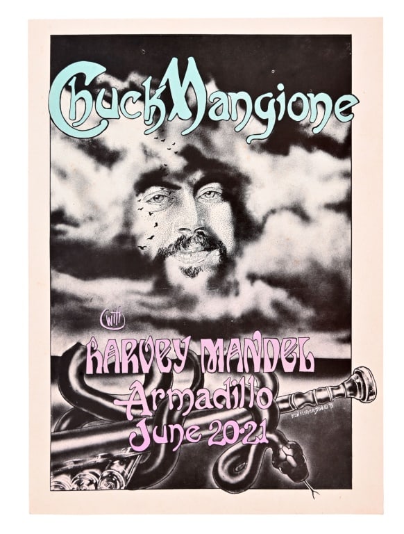 Armadillo World HQ Poster by Ken Featherston 1975: Featuring Chuck Mangione . Poster artwork by Ken Featherston, 1975, this would be the same fatal year Ken is mistakenly shot by a disgruntled patron outside the Armadillo World Headquarters. Measures 