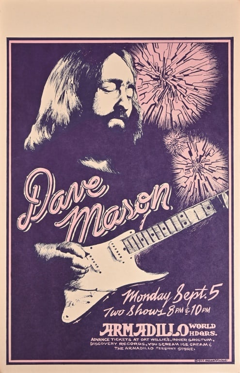 Armadillo World HQ Poster by Micael Priest 1977: Featuring Dave Mason. 11" x 17". Original poster from the collection of Armadillo Willy Rader.