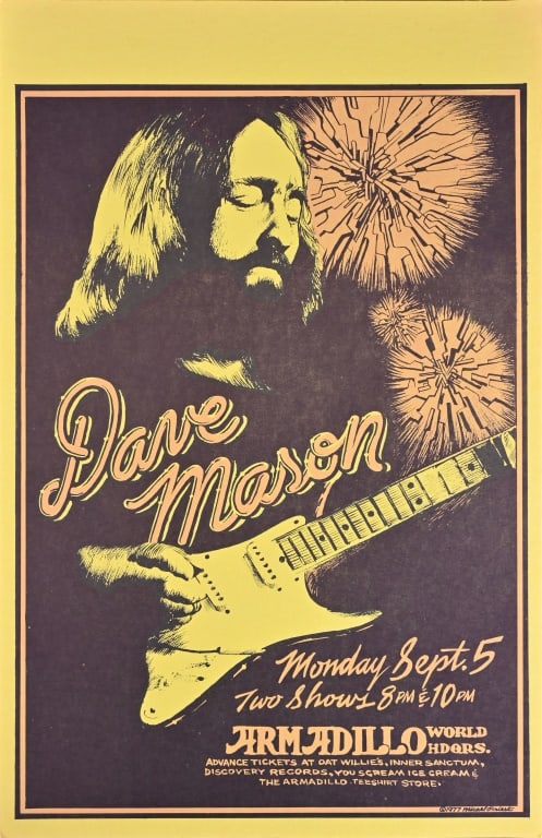 Armadillo World HQ Poster by Micael Priest 1977: Featuring Dave Mason. 11" x 17". Original poster from the collection of Armadillo Willy Rader.