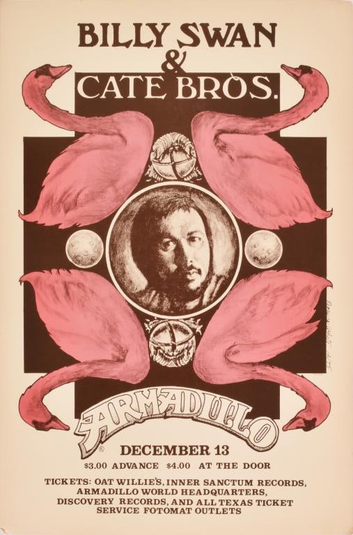 Armadillo World HQ Poster by Monica White 1975: Featuring Billy Swan & Cate Bros. Limited Edition 12/75. Measures 11.5" x 17.5". Original poster from the collection of Armadillo Willy Rader.