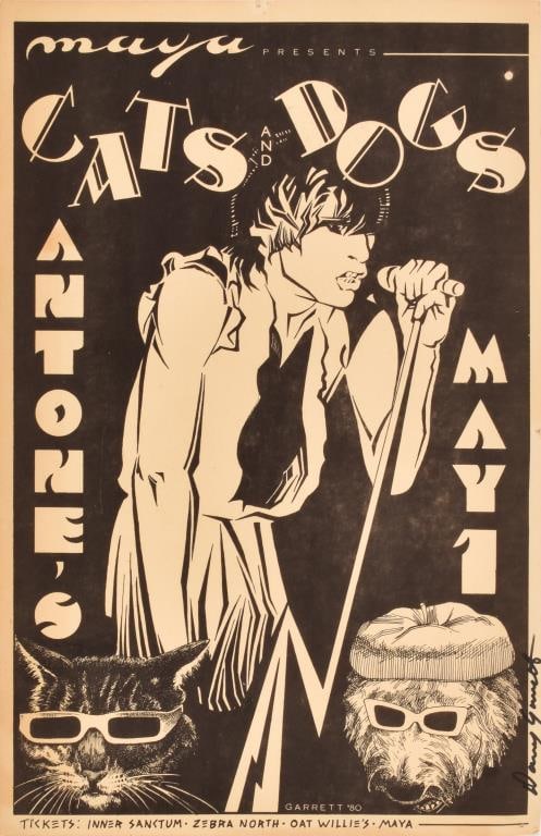 Antone's Cats & Dogs Poster by Danny Garrett: Signed by Danny Garrett, 1980. 11x17 Original poster from the collection of Armadillo Willy Rader.