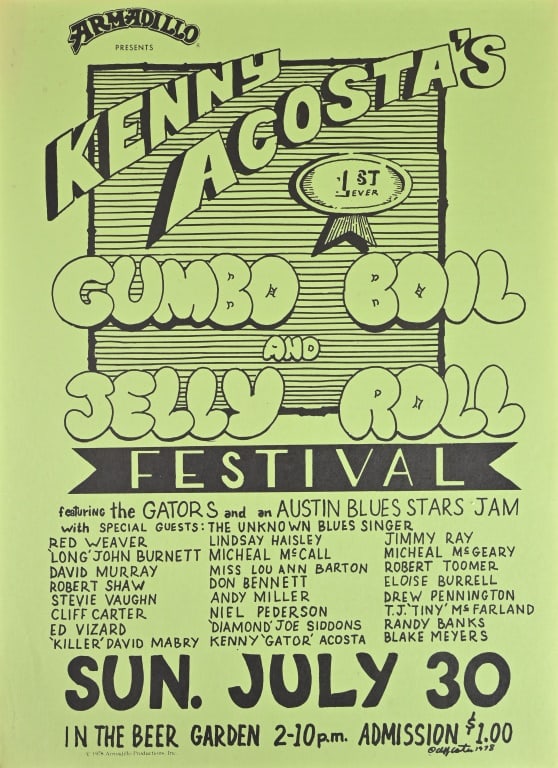 Armadillo World HQ 1st Ever Gumbo Boil Poster: Kenny Acosta's 1st Ever Gumbo Boil Poster art 1978 by Cliff Carter. Gumbo Boil and Jelly Roll Festival. Measures 11" x 15 1/4".