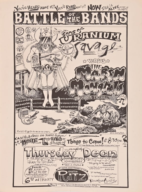 Ritz Theatre Battle Of The Bands Poster- Kerry Awn: The Sons of Uranium Savages Vs. The Marsh Mongrels. Poster art by Kerry Awn 1974. Measures 19x25