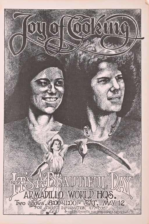 Armadillo World HQ Ken Featherston Poster 1973: Featuring Joy of Cooking with special guest, It's A Beautiful Day. 11" x 16.5".
