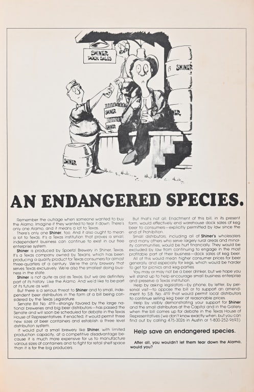 Shiner Beer Senate Bill 419 Poster, c.1970's: Shiner Beer, "An Endangered Species" 11x17