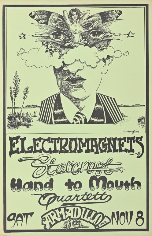 Armadillo World HQ Poster by Kerry Awn 1976: Featuring Electromagnets and Starcrost, Hand to mouth, and Quartett. Poster artwork by Kerry Awn 1976. 11x17