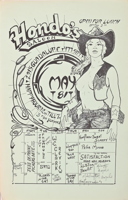 Hondo's Saloon Calendar Poster- Scarce: May 1981 Calendar Poster, Hondo's Saloon 2915 Guadalupe. 11x17