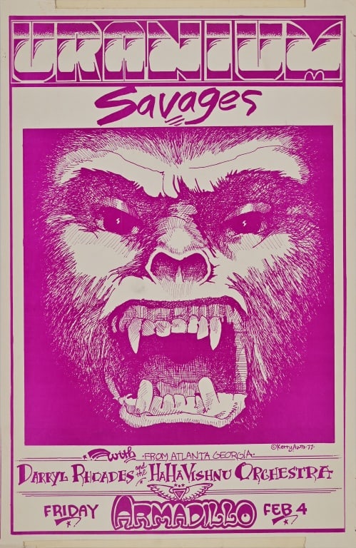 Armadillo World HQ Poster by Kerry Awn 1977: Featuring Uranium Savages. Poster art by Kerry Awn 1977. 11" x 17"