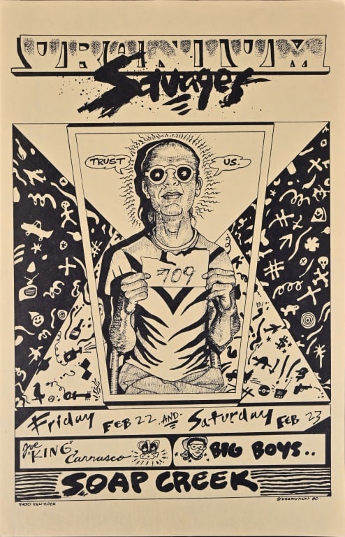 Soap Creek Saloon Poster by Kerry Awn 1980: Uranium Savages, February 22 and 23. Poster art by Kerry Awn 1980. Measures 11x17