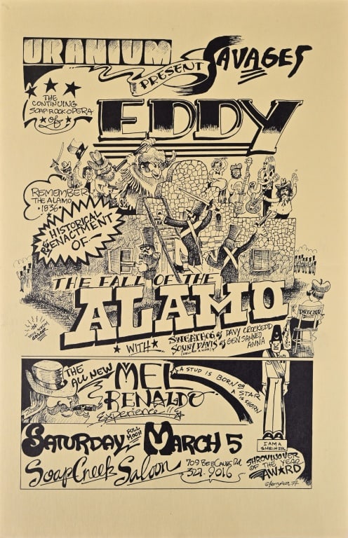 Soap Creek Saloon "Alamo" Poster- Kerry Awn '79: Uranium Savages, Saturday, March5. Poster art by Kerry Awn 1979. Measures 11x17