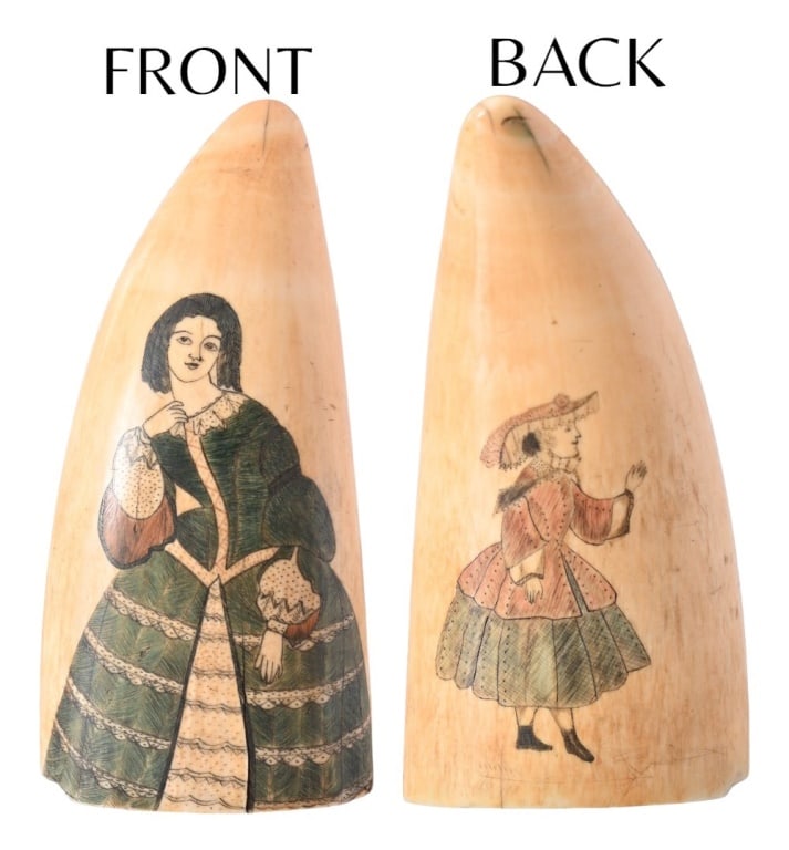 Antique Whale Tooth Scrimshaw: Engraved and hand-colored, measures 1.75" x 2.75" x 5 5/8"